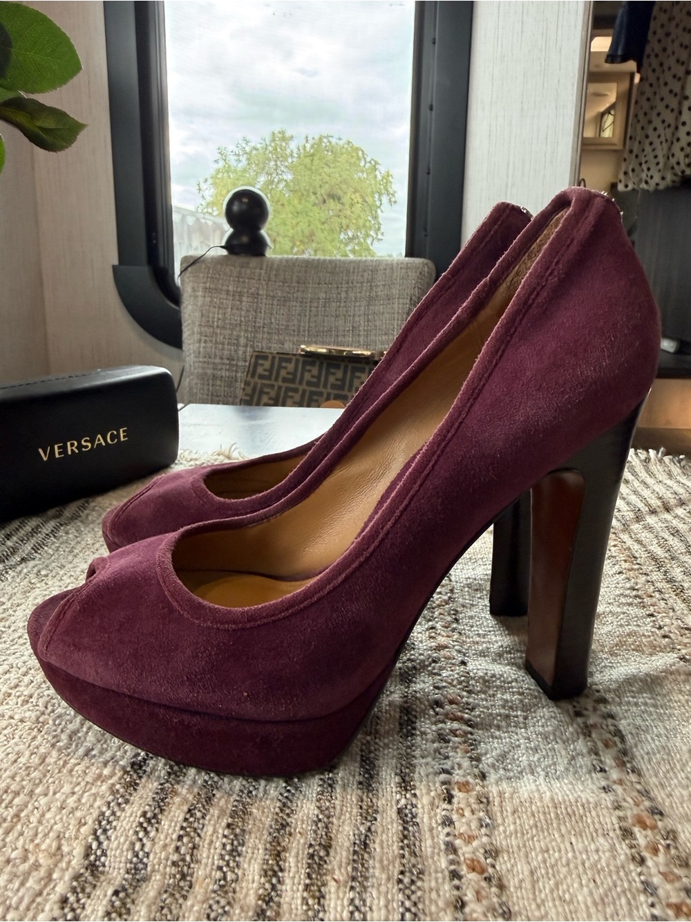 Coach Breana Pumps Plum Suede Platform Peep Toe Heels